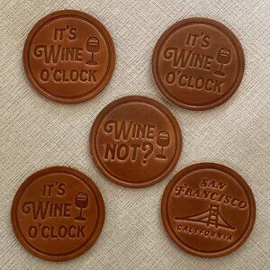 Leather Coasters - 5 Coasters with 3 Different Messages - Wine - New with Tags